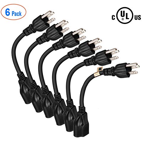 [UL Listed] Miady Short Power Extension Cord Outlet Saver, 16AWG/13A, 3 Prong (6 Pack, Black, 8 Inch)