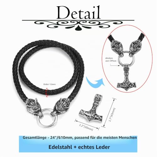 Foto von PiercingJak Herren Halskette Thors Hammer Wikinger mit Fenris Wolf Geflochtene Lederkette Edelstahl Mjölnir Keltischer Knoten Anhänger Nordischer Schmuck Amulett, Silber/Schwarz
