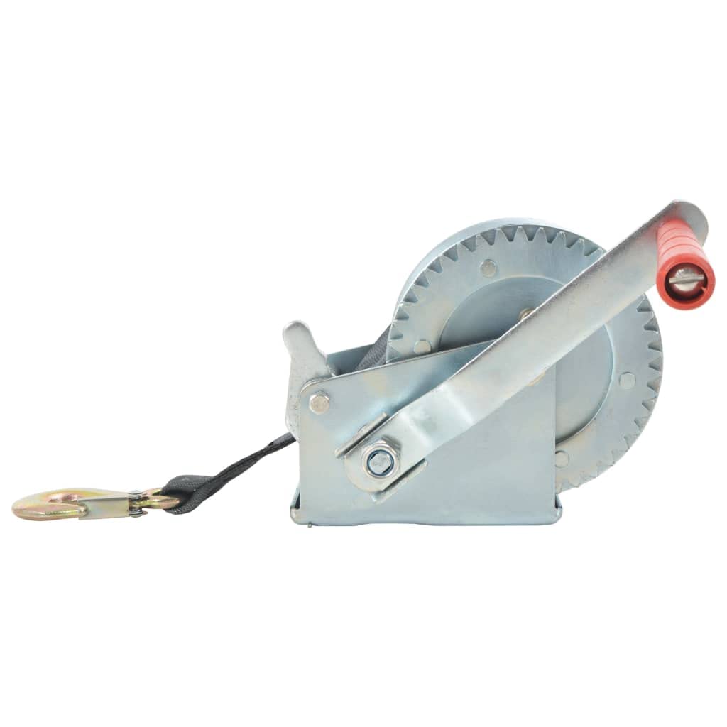Verricello manuale con cinghia 540 kg, ferro e poliestere, cinghia da 7 m, rapporto 4,1 1, verricello di trazione con gancio di carico per rimorchi, officine, garage e fuoristrada