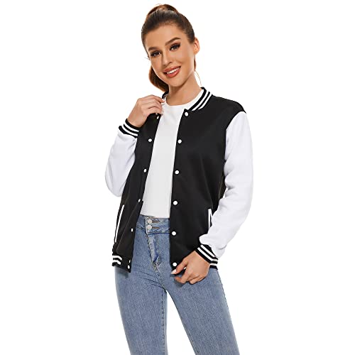 Icibgds Varsity Jacket Women Men's Baseball School Uniform Button Up Unsex Adult Long Sleeve Coat Fashion Jacket (Black,XS,X-Small)