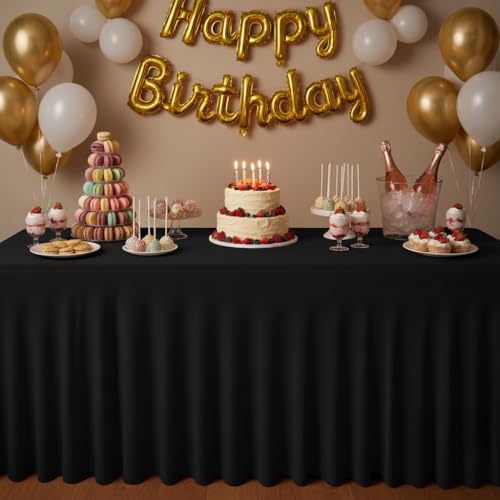 Image of HolidayIdeas Black 4ft Rectangle Spandex Tablecloth 2 Pack Fitted Stretch Table Skirts 24x48 Inch, Ruffle Design Wrinkle-Free Polyester Table Cover for Banquets,Trade Shows, Parties, Events
