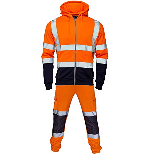 Hi Vis Viz Hooded Tracksuit High Visibility Sweatshirt Jogging Bottoms  Zip Reflective Joggers Safety Work FULL SET
