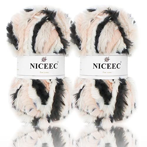 Image of NICEEC 2 Skeins Faux Fur Yarn Super Soft, Chunky & Fluffy, Eyelash Yarn for Crochet & Knitting (Total Length 70yds,3.53oz) - Mixed Colors