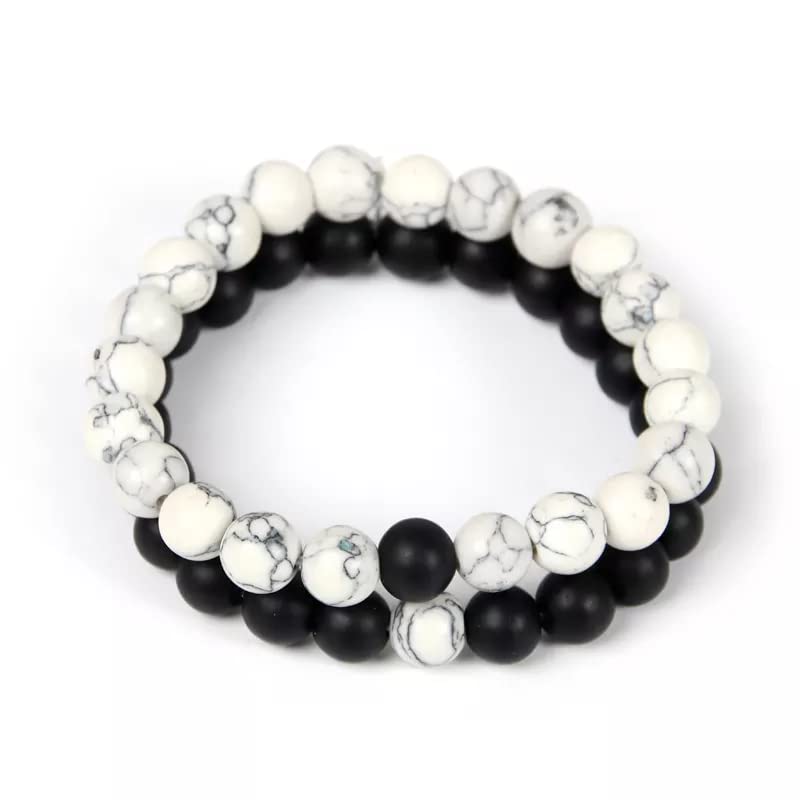 Starvis2Pcs/Pair Couples Distance Bracelet Classic White And Black Natural Stone & Original Healing Reiki Feng Shui Beaded Bracelet For Unisex Adult