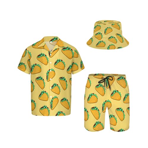 QWEHHEVG Mexican Yellow Taco Pattern Mens Button Shirt Beach Shorts Set Hawaiian Short Sleeve Shirt Quick Dry Beach Shorts 2 Pcs with Bucket Hat