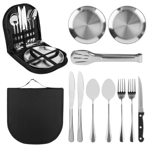 Trendecor Camping Geschirr Set 2 Personen, 10 Stück Campinggeschirr aus Edelstahl Tragbars Besteck Set Langlebig Outdoor Geschirr Set für Outdoor Camping Picknick Grillen Reisen