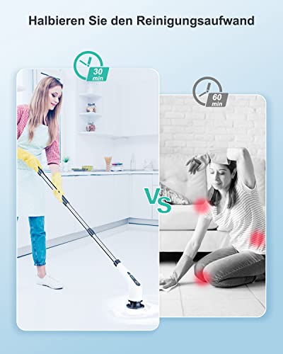 Elektrische Reinigungsbürste,Electric Spin Scrubber schnurlos mit 8 austauschbaren Bohrbürstenköpfen, Wanne und Bodenfliese mopSet mit 137cm verstellbarem Griff für Bad Küche Auto Fußboden (Weiß)