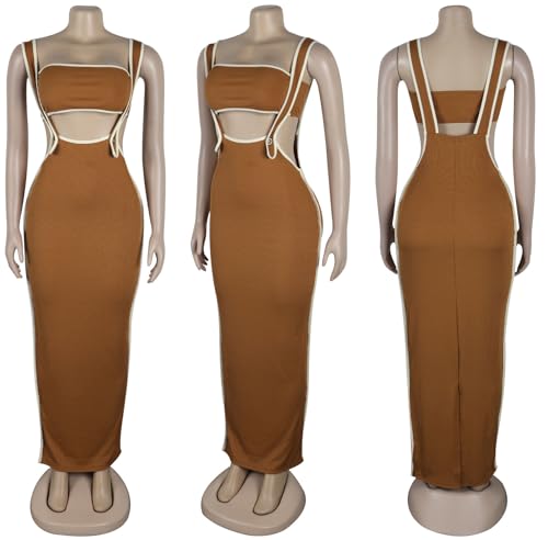 Image of YBSKG 2 Piece Outfits Dresses for Women Summer Tube Crop Tops Sexy Bodycon Split Long Maxi Skirt Suspenders Sets