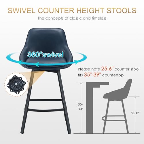 Image of Zesthouse Swivel Counter Height Stools Set of 2, Modern Upholstered Barstools with Backs, 26'' Faux Leather High Chairs for Island Kitchen, Counter Height Chairs with Metal Legs, Blue