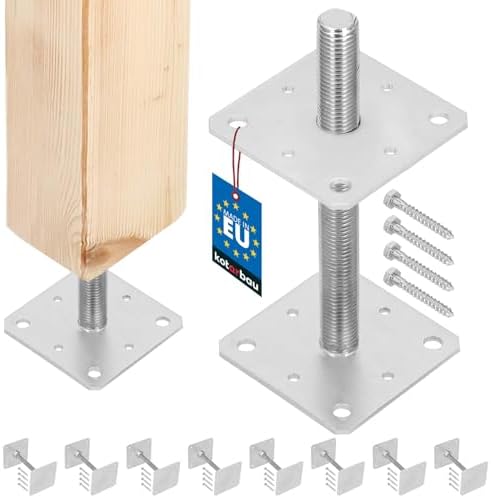 KOTARBAU® Pfostenträger höhenverstellbar 160x160 mm, Gewinde M24x250 mm | Balkenschuh zum Aufschrauben, Stützenfuß für Zaunpfosten & Holzbalken, verzinkter Stahl, Silber, 8er Set