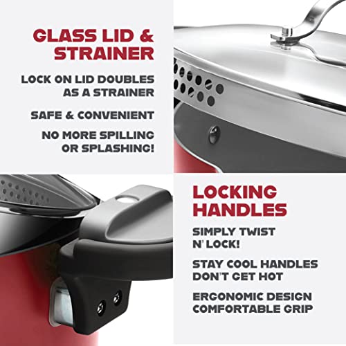 Gotham Steel 5 Quart Stock Pot Multipurpose Pasta Pot With Strainer Lid & Twist And Lock Handles, Nonstick Ceramic Surface Makes For Effortless Cleanup With Tempered Glass Lid, Dishwasher Safe - Red #TOP2