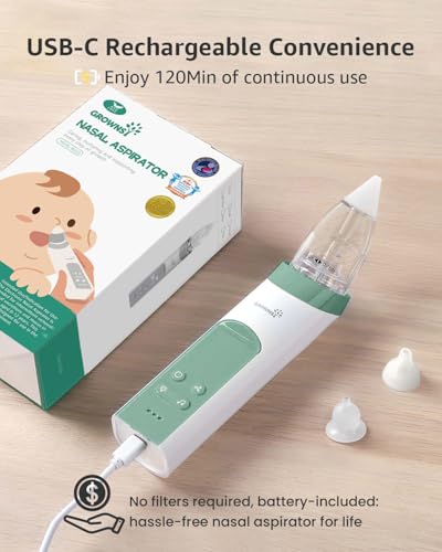Image of GROWNSY Nasal Aspirator for Baby, Electric Nose Aspirator for Toddler, Baby Nose Sucker, Automatic Nose Cleaner with 3 Silicone Tips, Adjustable Suctions, Music and Light Soothing Function (Green)