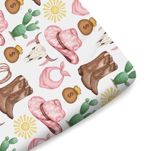 Image of Pink Western Cowgirl Cowboy Fitted Baby Crib Sheet for Boy Girl 52 inchx28 inch Desert Cowboy Hat Boot Sun Cactus Soft Breathable Baby Crib Mattress Bed Sheet Fits Standard Crib and Toddler Mattress