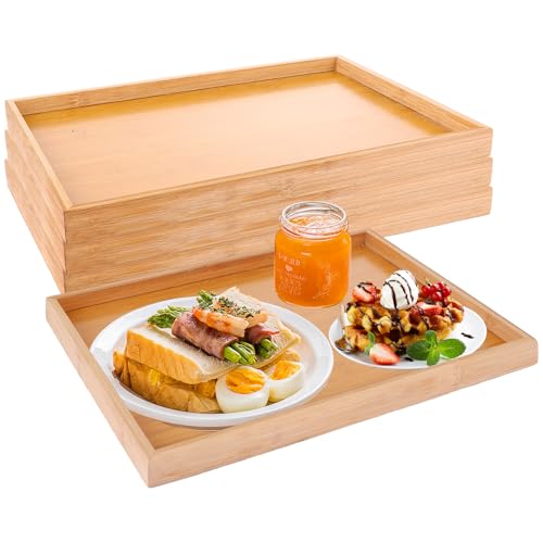 MIVIDE Lot de 4 Plateaux de Service Rectangulaires en Bois de Bambou 37 x 26 x 2.5 cm - Plateau Repas Bois, Pl