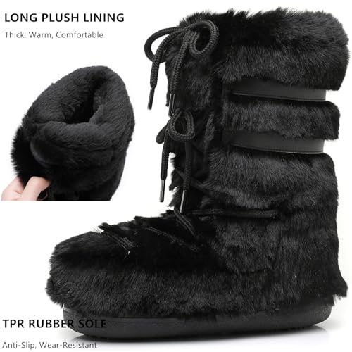 JIANCHIBUXIE Womens Snow Boots,Fuzzy Furry Fluffy Fur Boots with Faux Fur Lined,Winter Mid-calf Lace-up White Black Pink Warm Comfortable Ski Boots (black 8 9) - Thumbnail 4
