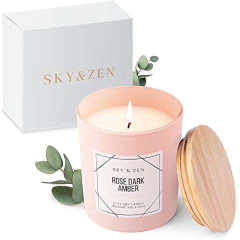 SKY & ZEN Duftkerze im Glas mit Deckel, Kerze mit ätherischen Ölen, Duftnote Rose Dark Amber Cover