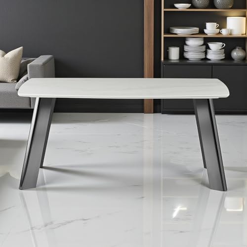 Image of The Attic Luxury Person Dining Table | White Faux Marble Top & High Gloss Dark Chrome Metal Base | Contemporary Rectangular Kitchen & 6 Seater Dining Table