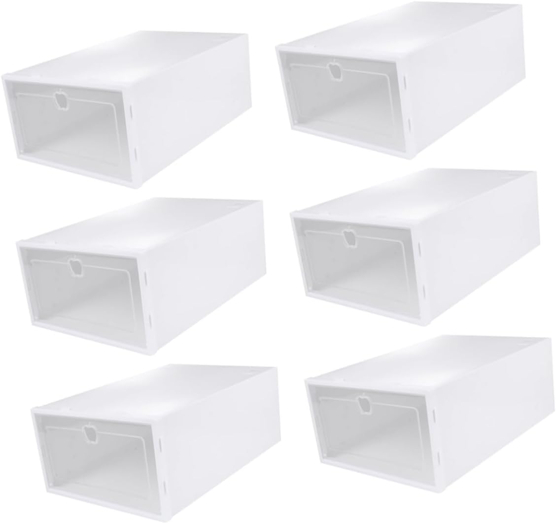 6pcs Thickened Transparent Shoe Organizer Boxes Stackable Drawer Type Shoe Holder for Sneakers and Boots PP Material Protective Storage for Closet White Frame Color