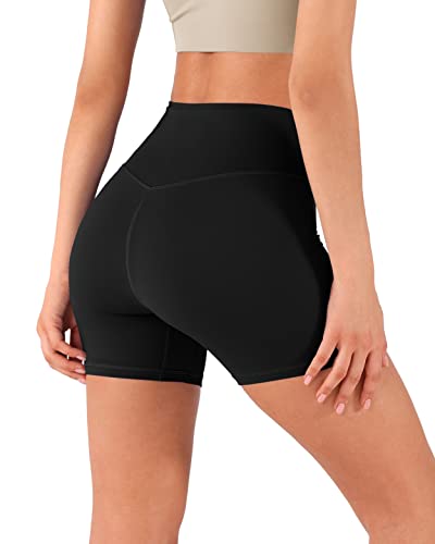 Ododos Women's 5" Crossover Yoga Shorts With Inner Pocket, High Waist Sports Athletic Workout Running Biker Shorts, Black, Medium #TOP2