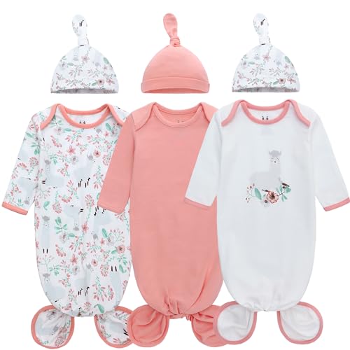 Image of Miracle Baby Newborn Knotted Gown with Hat Set, 3 Pack Newborn Nightgowns, Baby Sleeper Gowns with Mitten Cuffs for Girls 0-6 Months
