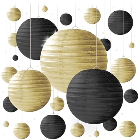 Black and Gold Paper Lanterns - 25 Piece Set - Gold and Black Party Decorations for Birthdays, Weddings and Special Occasions by Avoseta Cover