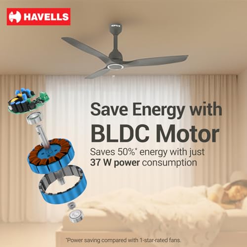 Image of Havells Stealth Slim BLDC 1200 mm Ceiling Fan | Remote Controlled, High Air Delivery Fan | 5 Star Rated, Upto 50% Energy Saving, Reverse Rotation, 2 Year Brand Warranty | (Pack of 1, Graphite)