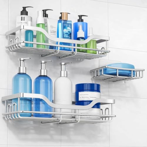 Image of OMAIRA 3-Pack Shower Caddy with Soap Holder, Adhesive Rustproof No-drill Strudy Loading Inside Shower Organizer Shelves Rack Storage Bathroom Organization for Smooth Wall Glass Tile, Black (XX-Large)