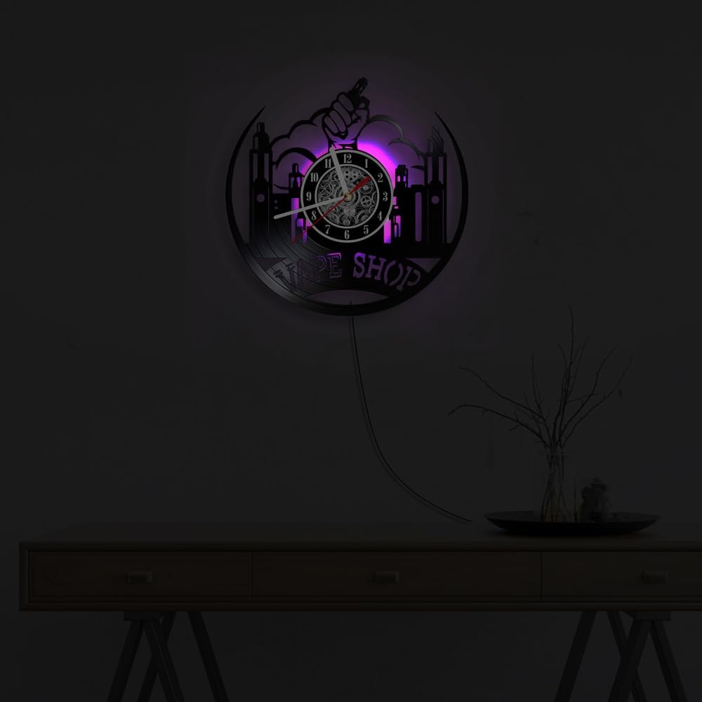 The Geeky Days Vape Shop Luminous Business Sign Vinyl Record Wall Clock Glow in Dark for Bar Pub Party Man Cave Vaping Artwork Smoking Vape Lovers Home Decor Timepieces LED Night Light Wall Clock