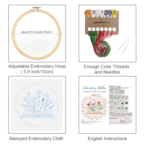 Image of Louise Maelys Book & Flowers Embroidery Kit for Beginners Decor Craft Gift | Needlepoint Kit with Pre-Printed Fabric, Hoop, Needles, Color Threads & Detailed Guide, DIY Cross Stitch Kits for Women