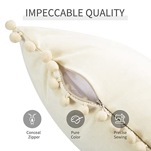 Velvet Throw Pillow Cover 20X20 Set Of 2 Square With Pom-Poms Decorative Pillowcases For Sofa Couch Cushion Bed Home Decor Car 50Cm X 50Cm (Cream) #TOP3