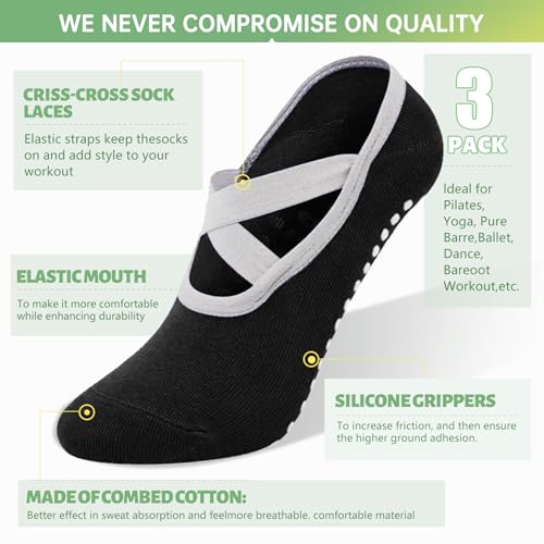 3 Pairs Yoga Socks Pilate Socks for Women-Non Slip Grip, Ideal for Pure Barre, Ballet, Dance3