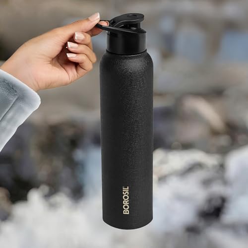 Image of Borosil 1 L Cosmo Black Stainless Steel Water Bottle | ISI Certified Made in India Single Wall, Wide Mouth, Leakproof | Powder Coated, Fridge Safe | 1 Year Warranty