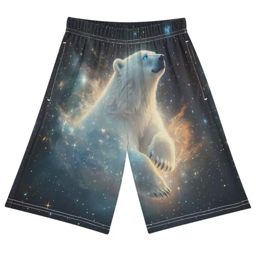 ALAZA White Polar Bear Starry Sky Boys Athletic Shorts Kids with Pockets Shorts for boy Girl Size 6-8 Years