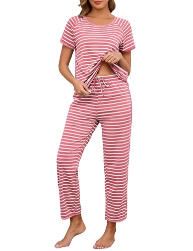 Image of Womens Pajama Sets Cotton 2 Piece Lounge Set Stripe Short Sleeve Pj Set Comfy Loungewear Sleepwear with Pockets