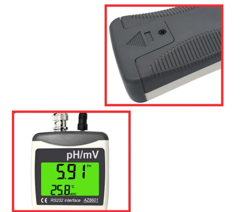 Close-up images showing the battery compartment area and the display screen of the AZ8601 meter