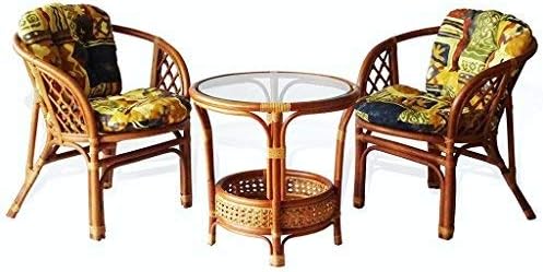 Lounge Set of 3: 2 Natural Rattan Wicker Bahama Armchairs with Cushion and Round Coffee Table Handmade Tropical Style, Cognac