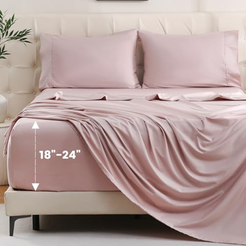 Bedlifes King Sheet Set, Extra Deep Pocket 18-24 Inches,1000Thread Count 100% Egyptian Cotton, Soft and Breathable Sateen 4-Piece,Light Pink