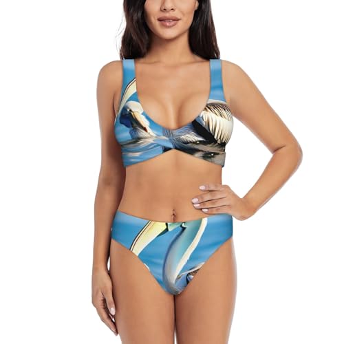 Maillot de bain 2 pièces pour femme Pelican Bird bleu ciel avec effet contrôle du ventre