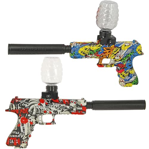 Set of 2x Water Bullet Gel Blaster Toy Guns, Fully Automatic 18-20m Range, Electric Rapid Fire USB Rechargeable, Eco-Friendly Water Based Ammo + 10,000 Rounds Black Urban & Yellow Graffiti
