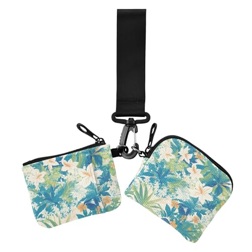 Tropical Style FLOWER Green Leaves Women's Dual Wallets Business Card Cases Thin Flat Women's Money Organizers with Wristlet Strap for Daily Use 2 Packs