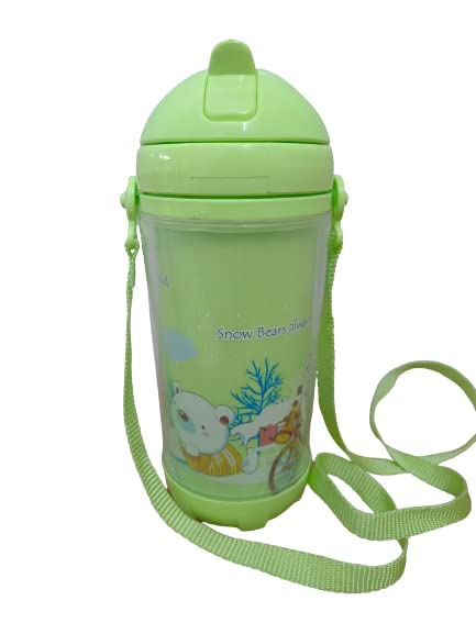 PUTHAK Cute Water Bottles with Straw for Kids Girls Boys, BPA FREE Leak Proof Flip Top Lid & Silicone Sipper & Soft Carry Neck Strap, 500ml (Cartoon Printed) (Green)-image-49