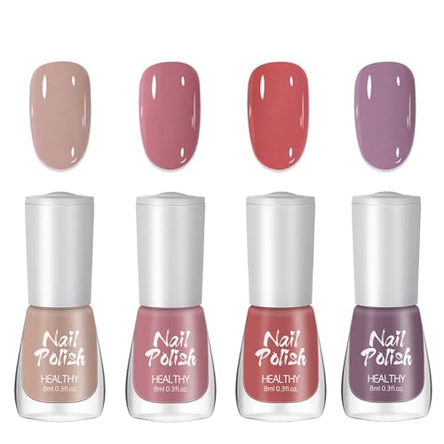 DMQ Nail Polish Set, 4pcs Nude Pink, Red, Purple Nail Varnish, Quick Dry & Long Lasting, No UV Lamp Needed
