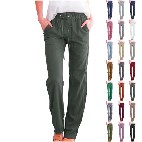 Image of Linen Pants Women High Waisted Drawstring Casual Pant Cotton Linen Straight Leg Lounge Trousers with Side Pockets