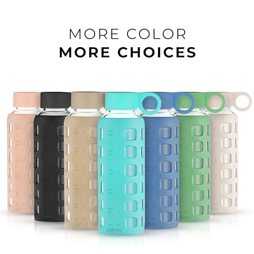 purifyou 40/32/22/12 oz Glass Water Bottles, Reusable with Time & Volume Markings, Non-Slip Silicone Sleeve, Stainless Steel Lid, for Water, Milk & Juice (12oz OceanMist)