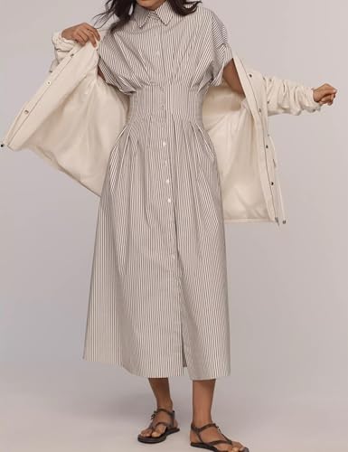 Image of Women's Striped Button Front Pleated Maxi Shirts Dress Short Sleeve Collar V Neck Summer Casual Corset Long Dress