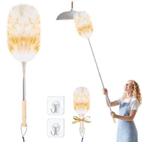 Image of LOVECO Lambs Wool Dusters for Scratch-Free Cleaning Extendable 29-49 Inch | Includes: Sticky Hooksx2, Small Dusterx1, Electrostatic Dusters Suitable for Office, Home, Car