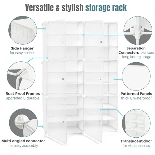 Image of ABOUT SPACE Shoe Rack for Home with Door - 36 Pair DIY Slipper Stand with Hanger, 4 Cube Expandable Shelves Closed Shoes Rack for Home Men, Women Heels Boots Flip-Flops (White-L 80 x B 30 x H 90 cm)
