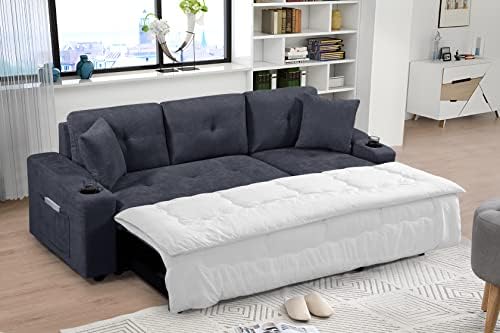 BIADNBZ Reversible Sectional Sofa Sleeper with Storage Chaise Lounge and Cupholders, Modern L-Shaped Couch SofaBed with Pillows&Side Pockets for Living Room Apartment, Dark Gray