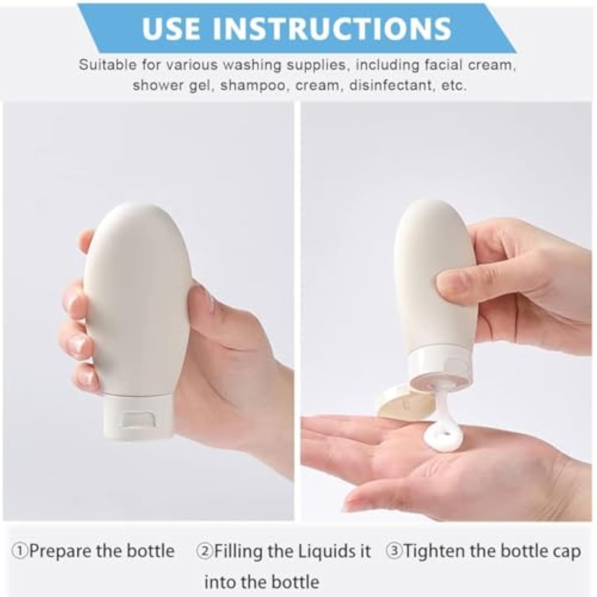 Pack of 3 Refillable Silicone Travel Bottles, Leakproof