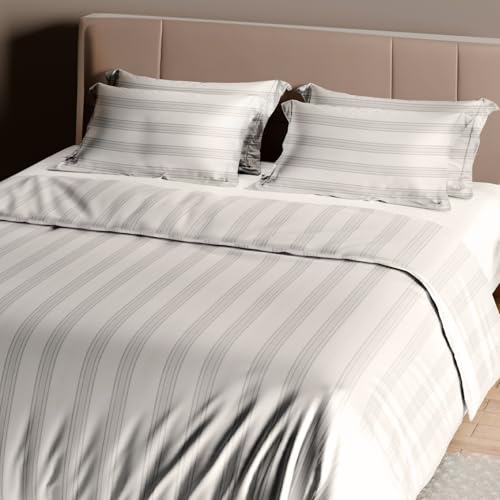 Image of Sassoon Artemis Italian Jacquard Weave Sateen Cotton Bedsheet - 400 TC, Cotton, Stripe Design, King Size (108 x 108 inches), Color: Ivory, Soft, Breathable, - 1 Bedsheet + 2 Pillow Covers